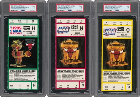 Lot of (3) 1995-96 NBA Chicago Bulls Playoff Phantom Full Tickets - PSA NM 7, PSA EX 5, and PSA EX 5